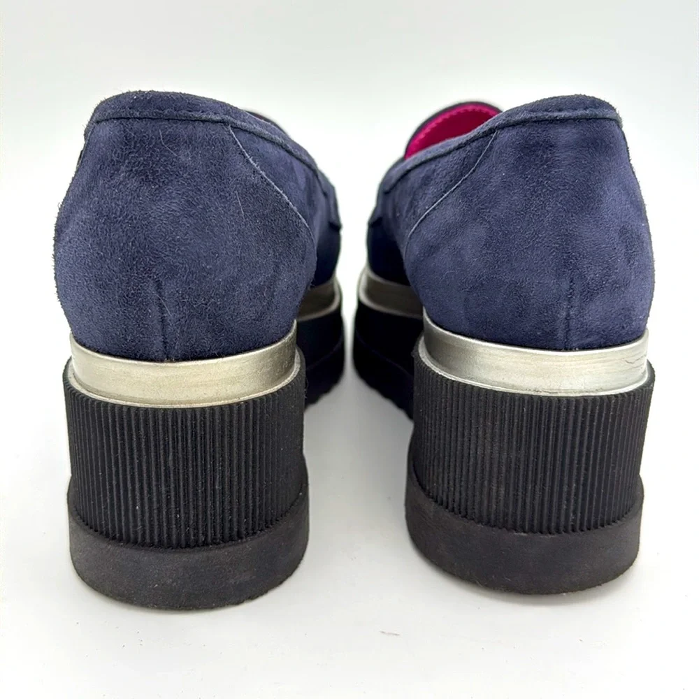 Marco Moreo Milano - women’s Hannah navy blue suede loafer platform shoes‎ 7 /38